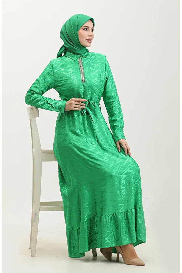 Shirt Collar Patterned Dress 81854-02 Emerald Green
