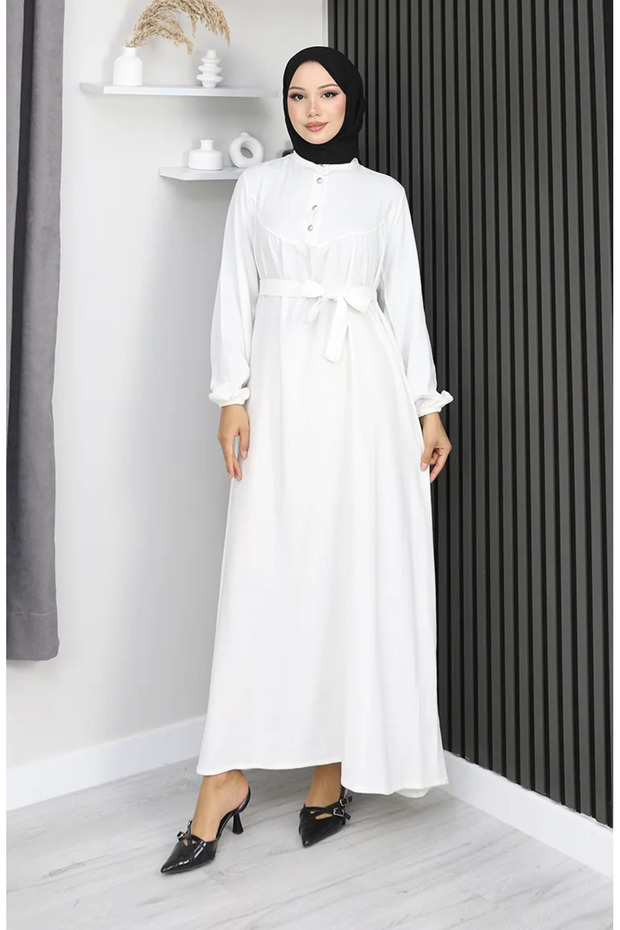 Belmando Fabric Half Button Belted Dress 2166-03 White