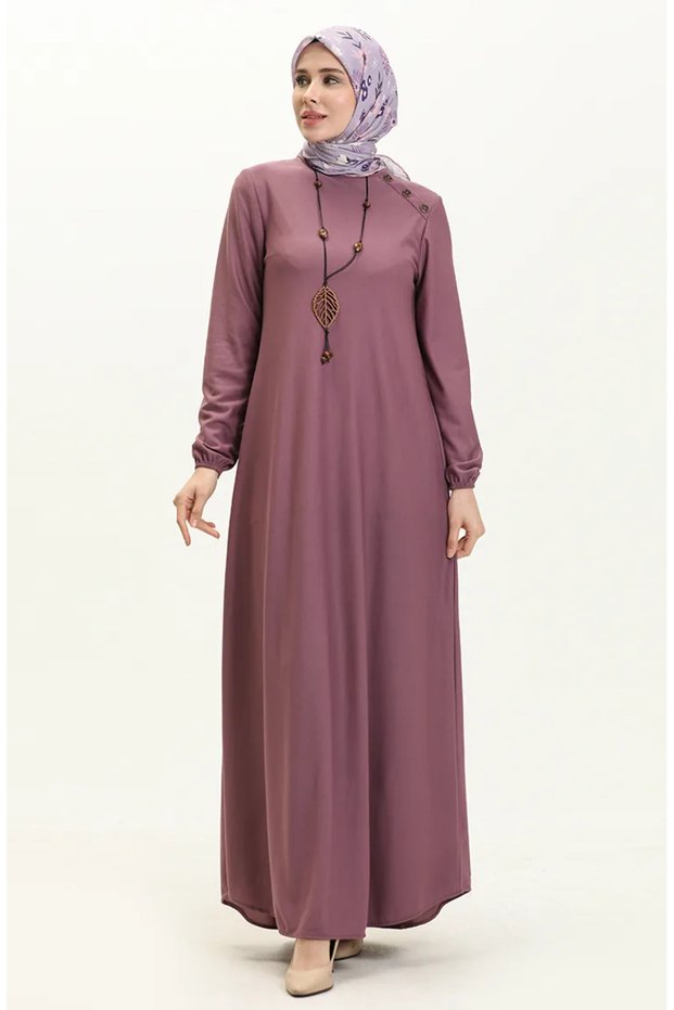 Button detailed necklace dress 4141-08 dark lilac