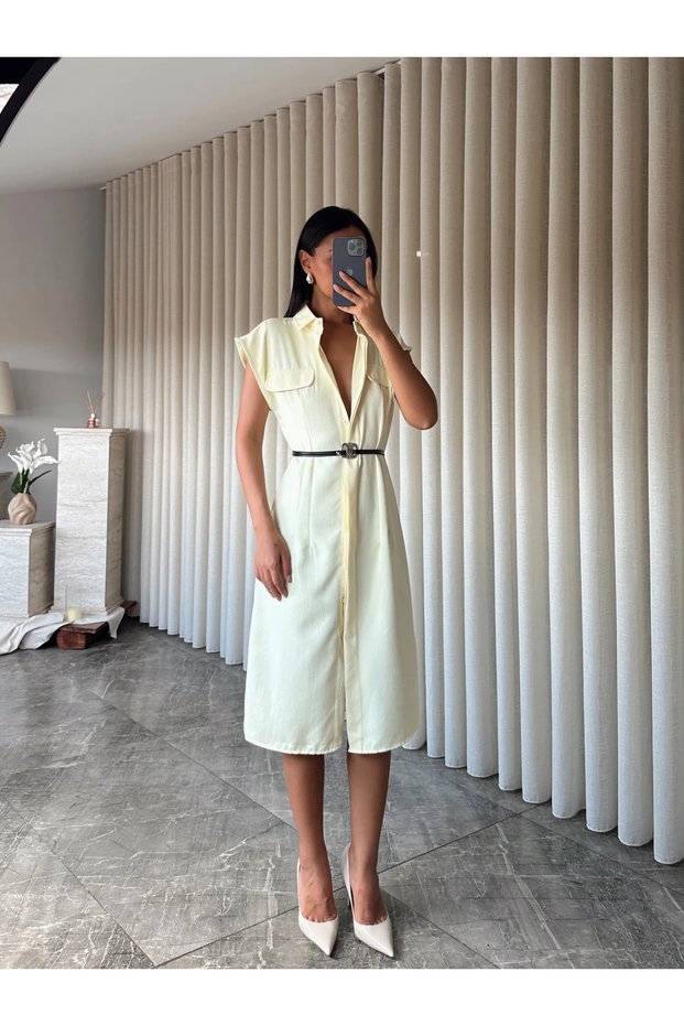 Belted Polo Neck Dress - Yellow