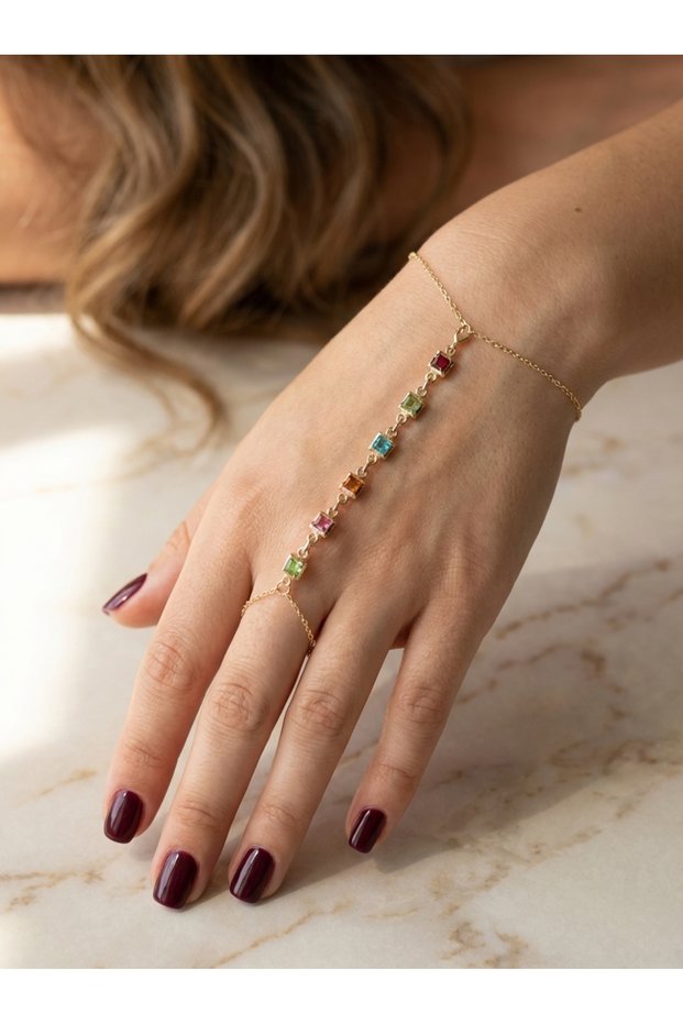 Colorful Square Zircon Stone Shahmeran Y Model Gold Plated Brass Women's Shahmeran Elegant Hand Accessory