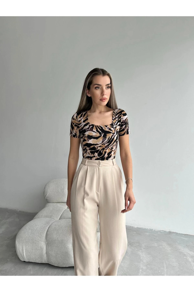 Patterned Square Collar Short Sleeve Blouse Brown-Mink - Brown-Mink
