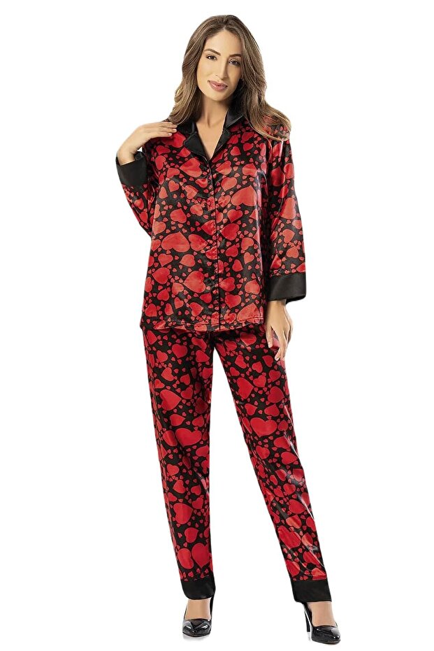 Heart Pattern Satin Pajama Set 4604 - 1