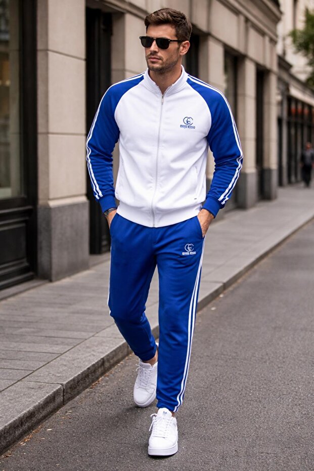 Men's 2-Thread Jersey Fabric Wide-Leg Blue White Tracksuit Set
