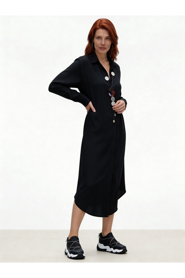 Viskon Gömlek Elbise Siyah - 6