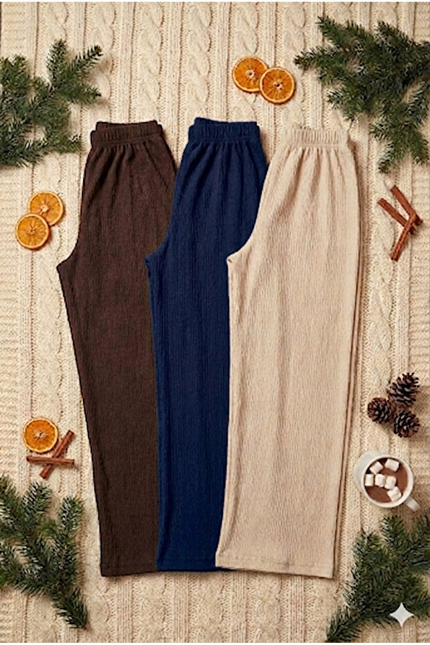 Women's 3-Piece Waffle Fabric Pants Set Navy Brown Beige Elastic Waist Pyjama Bottoms
