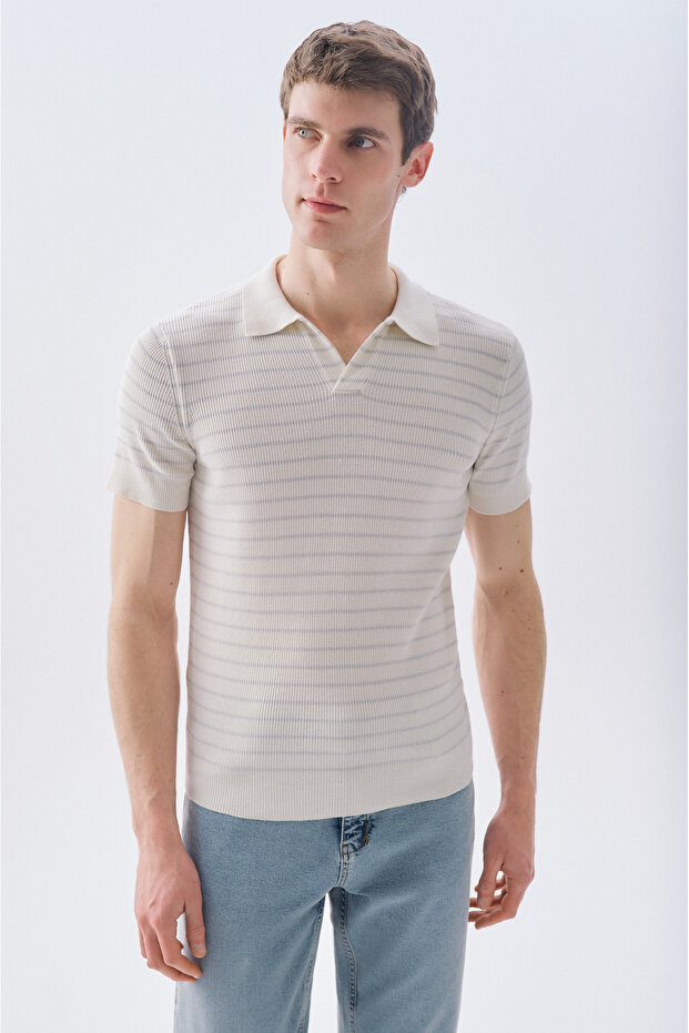 Men's Off-White Striped Polo Collar Short Sleeve Knit Sweater