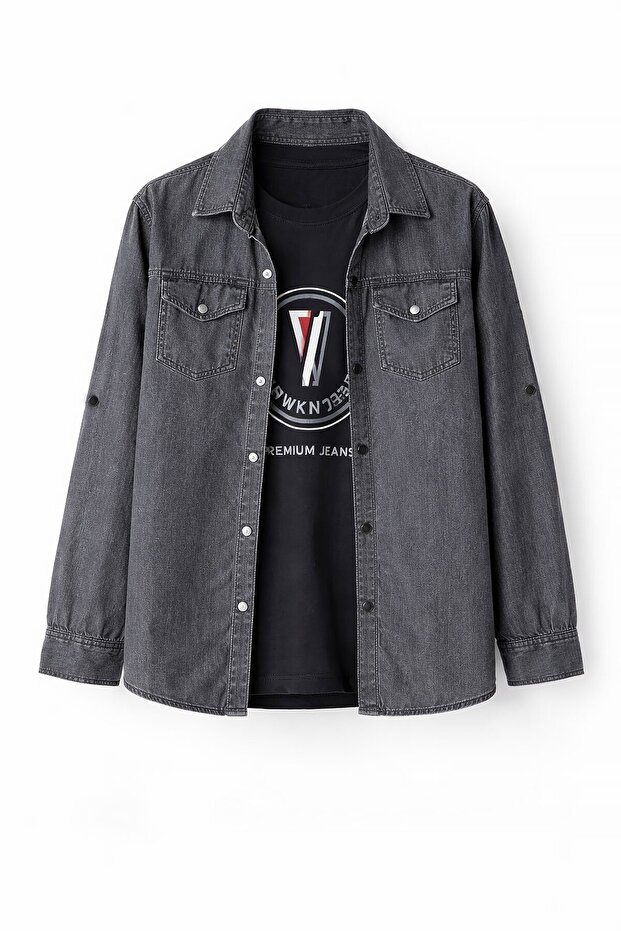 Smoked Crew Neck T-Shirt Boys' Jean Shirt with Chest Pocket 20081