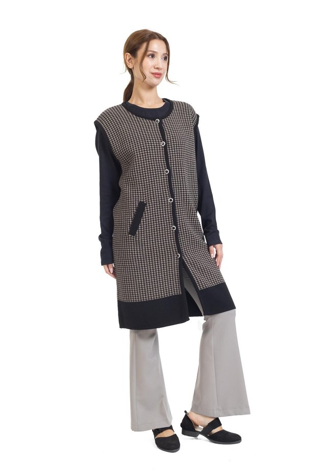 Women's Middle-Aged and Above Knitwear Knitted Buttoned Houndstooth Patterned Mother Long Vest 366