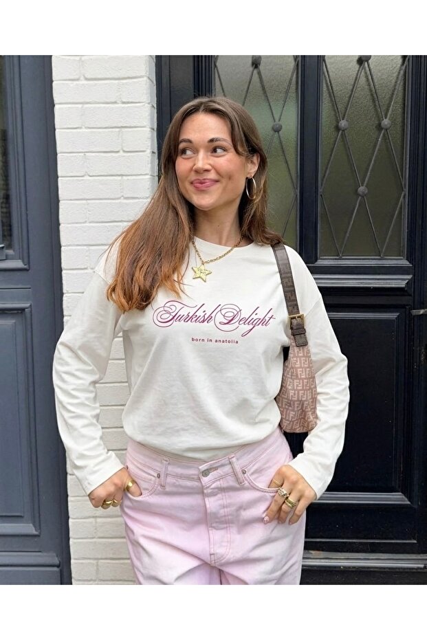 100% Cotton Oversize Fit Turkish Delight Printed - Crew Neck Long Sleeve T-Shirt