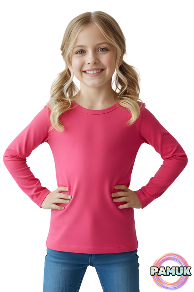 Long Sleeve Children's T-Shirt - Unisex Fuchsia Basic Cotton Crew Neck Long Sleeve Combed Cotton Children's T-Shirt