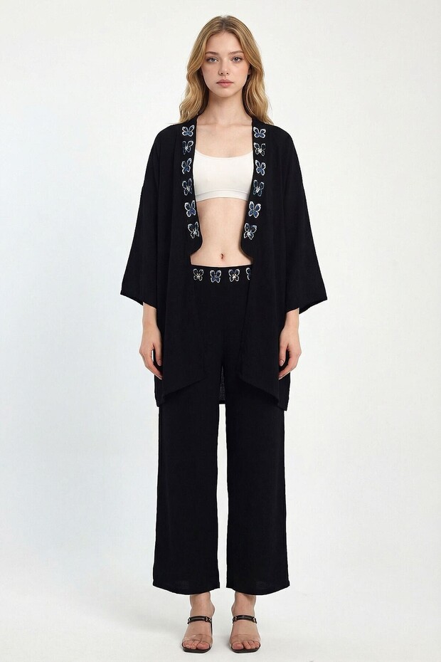 Women's Black Blue Embroidered Jacket and Trousers Woven Viscon Top and Bottom Set