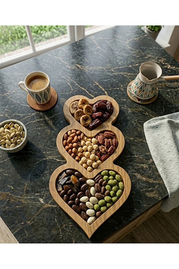 3-Piece Heart-Shaped Natural Wooden Snack Bowl