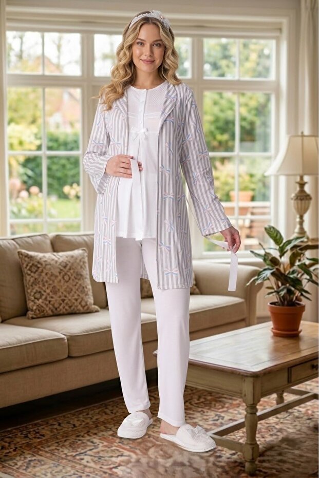 New Season Ecru Shawl Collar Patterned Summer Special Design 100% Cotton Maternity Dressing Gown Pajama Set