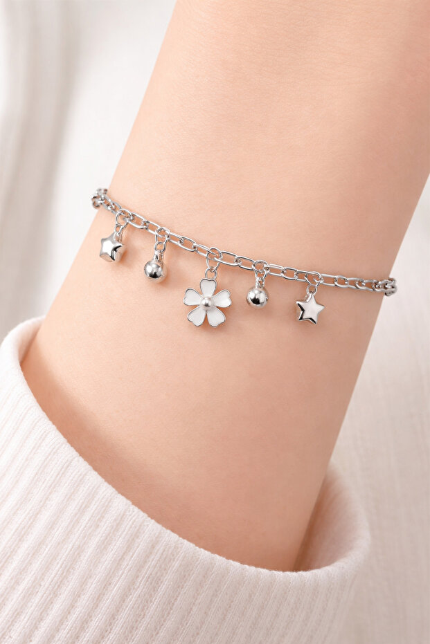 Women's Silver Color Dangling Daisy and Star Bracelet - Adjustable Chain