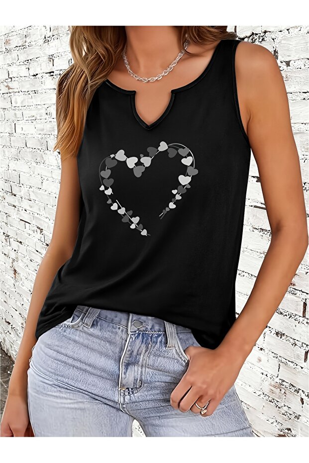 Women's Heart Printed Half V-Neck Sleeveless Regular Fit Casual T-Shirt