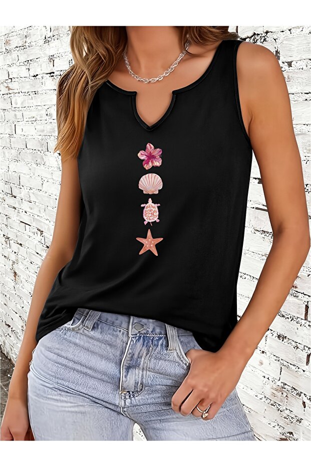 Women's Sea Shell Printed Half V-Neck Sleeveless Regular Fit Casual T-Shirt