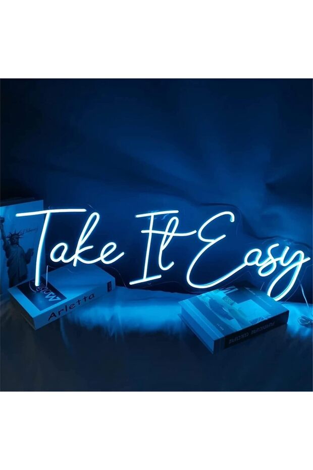لافتة نيون مضيئة بتقنية LED تحمل عبارة "خذ الأمور ببساطة" مع قاعدة أكريليك 6 مم، ديكور حائط أزرق 42 × 20 سم