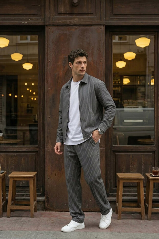 Aniva Gray Men's Striped Wide Fit Double Suit Jacket and Trousers