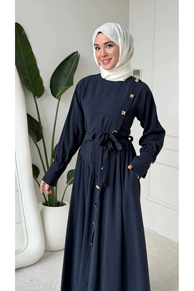 Navy Blue Modal Fabric Belted Buttoned Dress Model