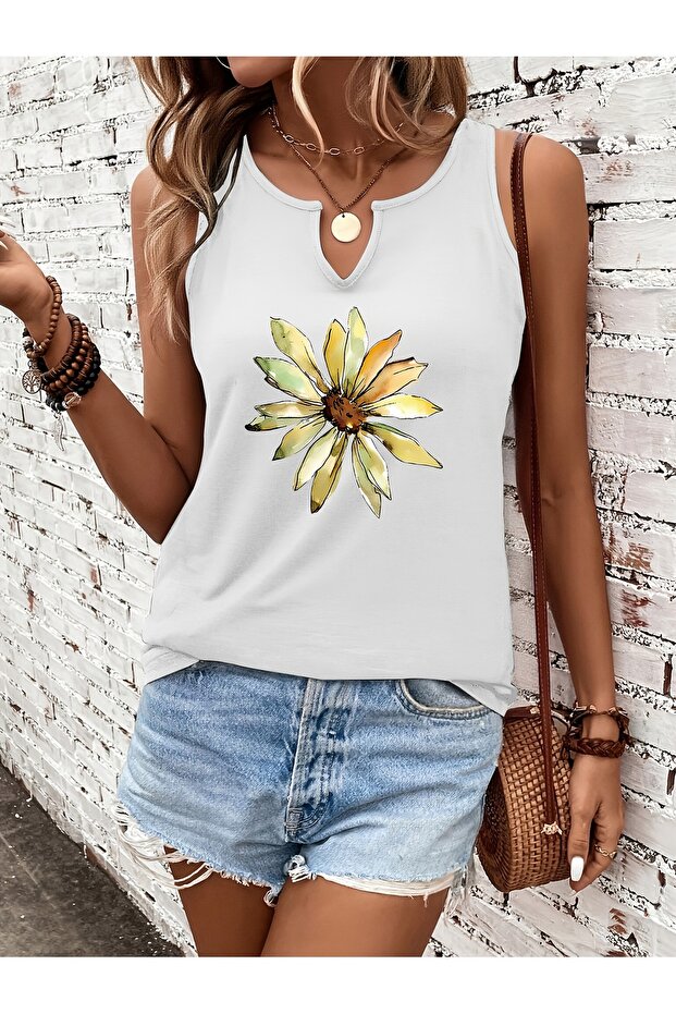Women's White Printed Half V-Neck Sleeveless Regular Fit Comfortable T-Shirt