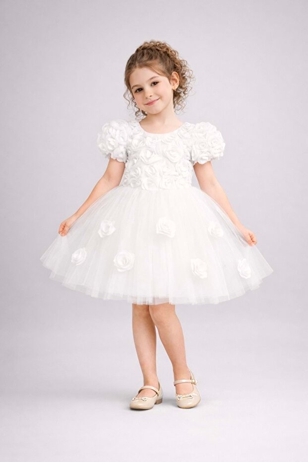 Girl's Rose Tutu Special Occasion Dress White