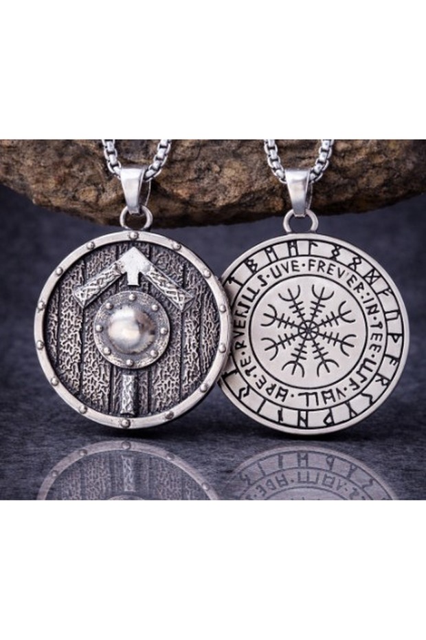 Viking Shield Necklace Men's Norse Rune Design Warrior Style Steel Pendant Gift