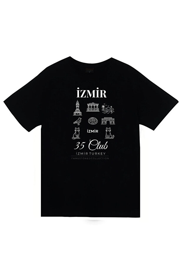Izmir 35 Clock Tower Efes - City B Printed Unisex %100 P Cotton Black T-Shirt