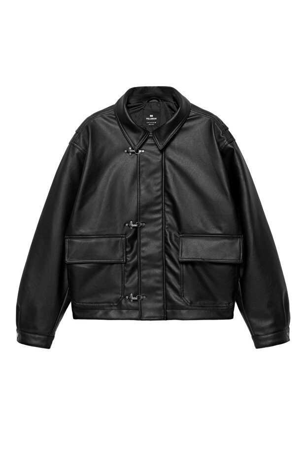 Süslü düğmeli suni deri ceket - 4