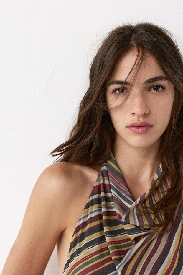 Kısa halter çizgili elbise - 4