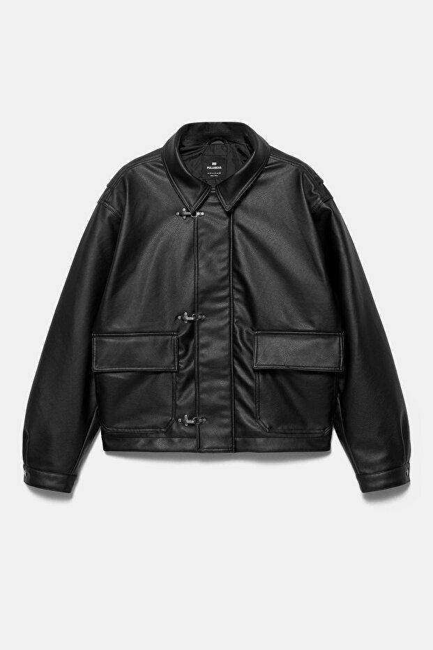 Süslü düğmeli suni deri ceket - 6