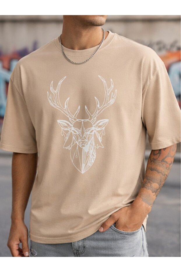 Men's Deer Printed Beige T-Shirt 100% Cotton Minimal Streetwear Graphic Tee