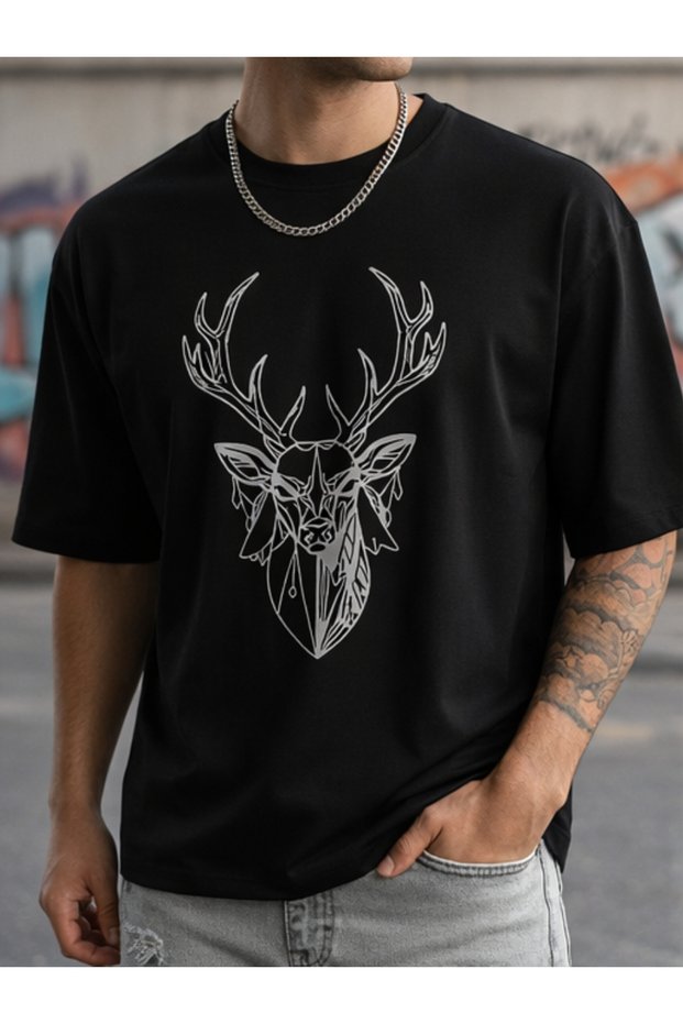 Men's Deer Printed Black T-Shirt 100% Cotton Minimal Streetwear Graphic Tee