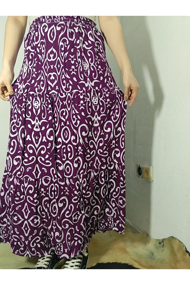 Elastic Waist 3-Layer Ruffled Viscose Fabric Skirt, Mevlana Long Cotton Skirt