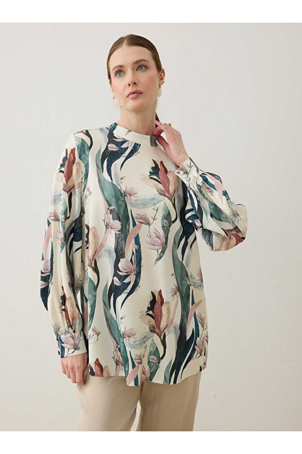 Printed Basic Tunic - Green Leaf Patterned - - 3