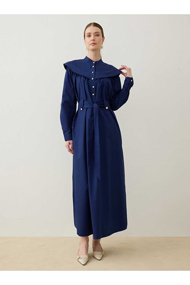 Cape Collar Detailed Hijab Dress - Navy Blue - Exclusive
