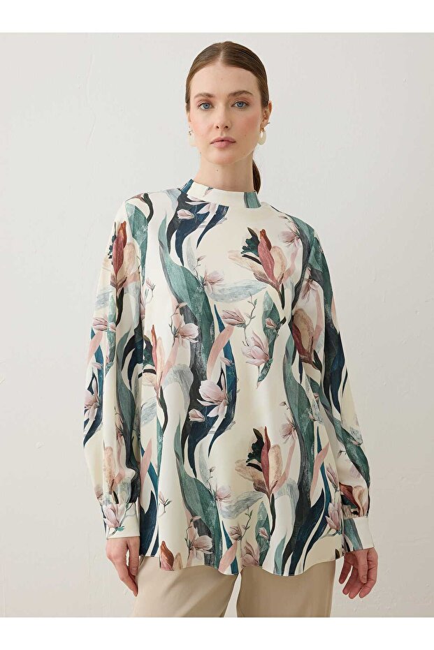 Printed Basic Tunic - Green Leaf Patterned - - 2