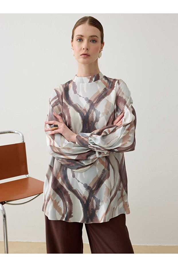 Brush Paint Patterned Basic Tunic - Brown Patterned - - 4