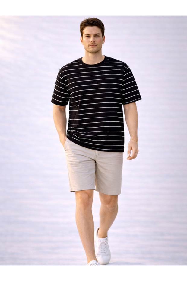 Men's Striped Berfin Fabric Oversize T-Shirt Short Sleeve Summer 100% Cotton