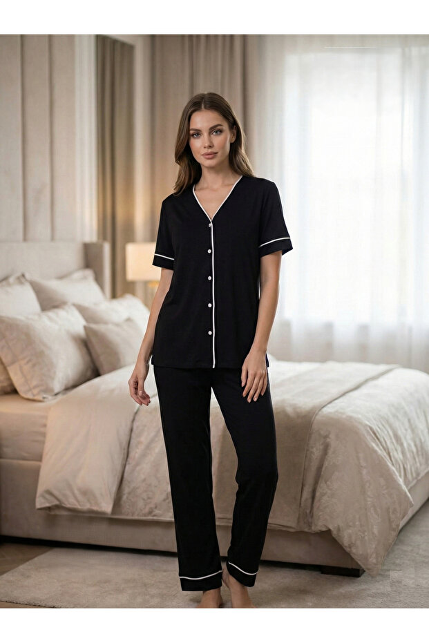 New Season Black Summer Full Buttoned Design Piping Detailed Short Sleeve 100% Cotton Pajama Set