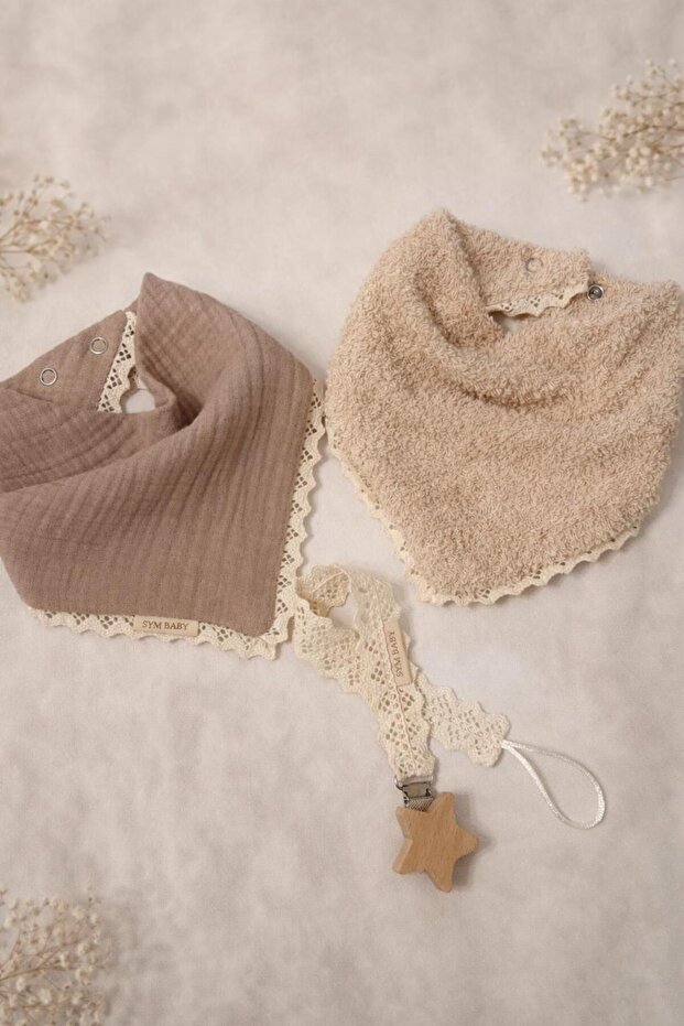 100% Cotton Lace Towel, Muslin Bib, and Pacifier Strap Set