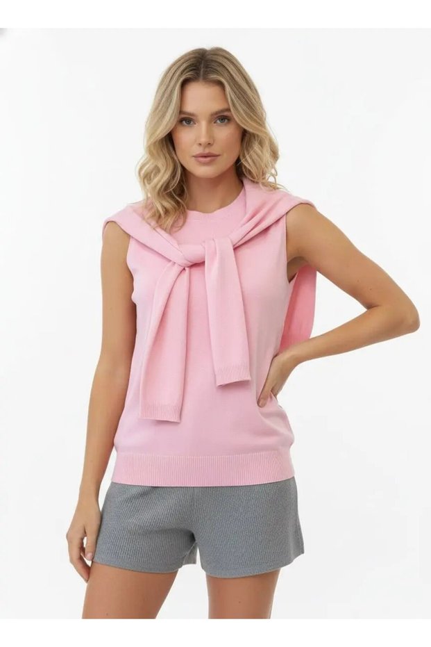 Women's Crew Neck Sleeveless Scarf Viscose Knitwear Sweater 12473.Vrt