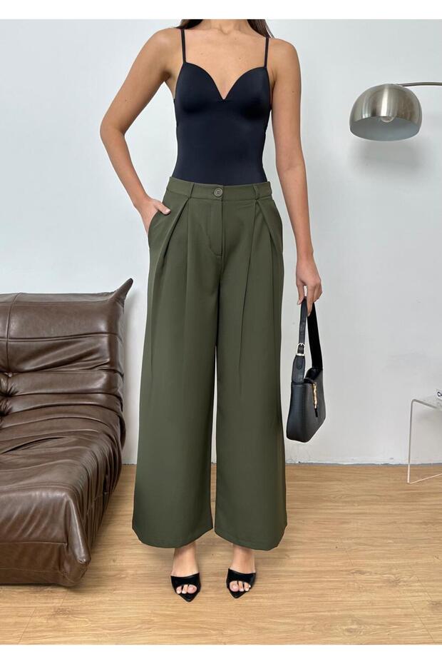 New Season Woven Fabric Front Detail Bridged Buttoned Wide Leg Palazzo Pants