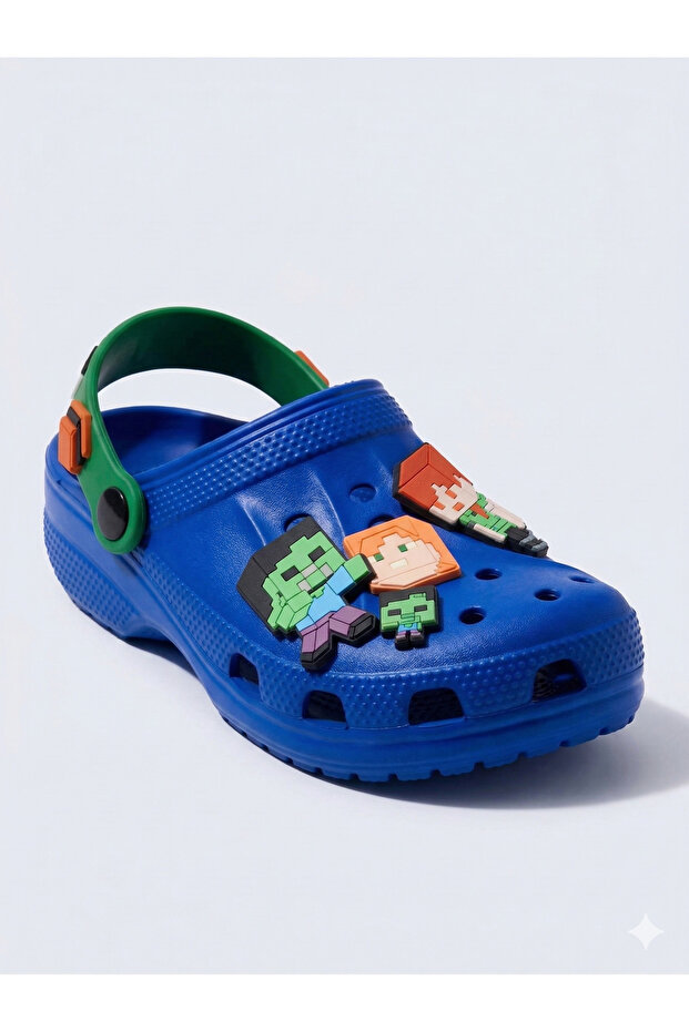 Children's Cobalt Blue Slippers with Pixel Character Figures | Lightweight, Non-Slip Sole, Summer Comfortable Slippers