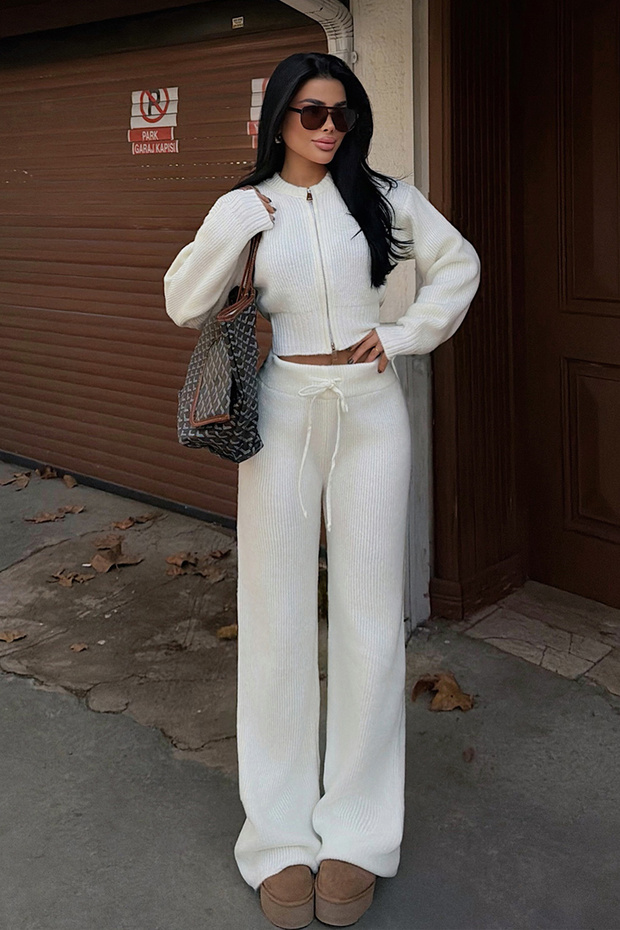 White Zippered Crop Top Wide Leg Pants Knitwear Set Ate-3736