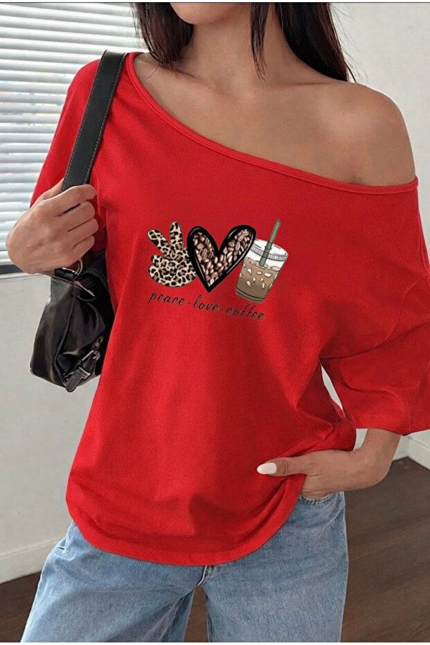 Peace Love Coffee Printed Oversized Women's Boat Neck T-Shirt