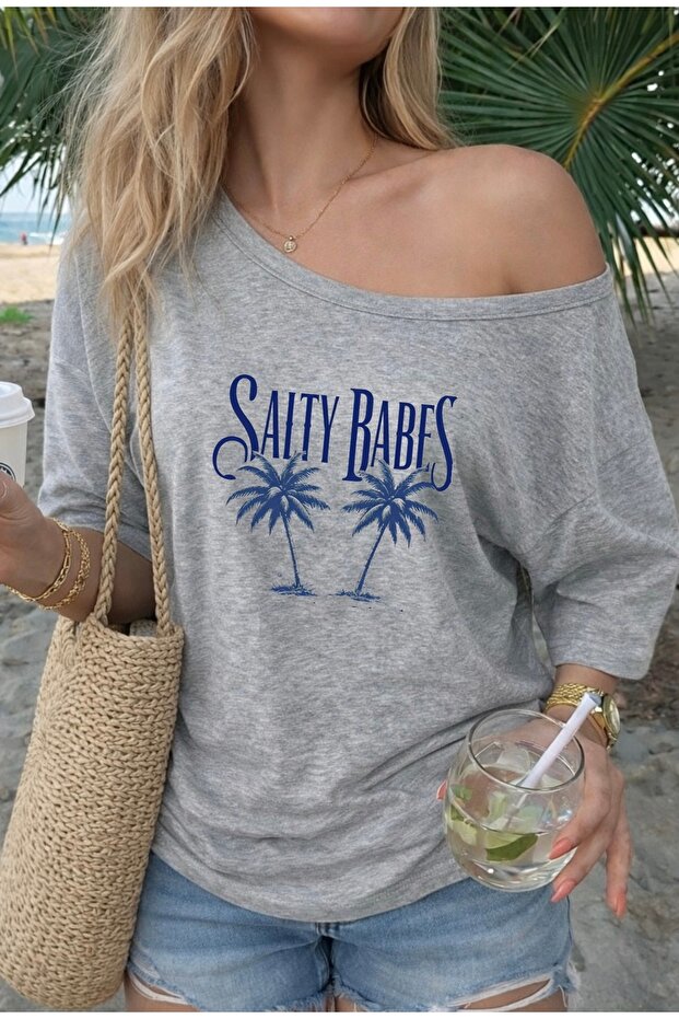 Salty Babes Printed Oversized Women's Boat Neck T-Shirt