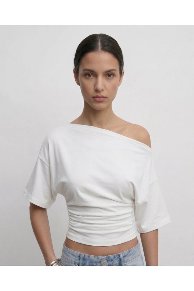 Women's Fitted Waist Boat Neck Asymmetrical Cut Short Sleeve Blouse