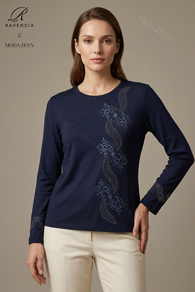 Women's Spiral Leaf Patterned Collar and Skirt Stoned Embroidered Slit Lycra Mother Combed Cotton Blouse