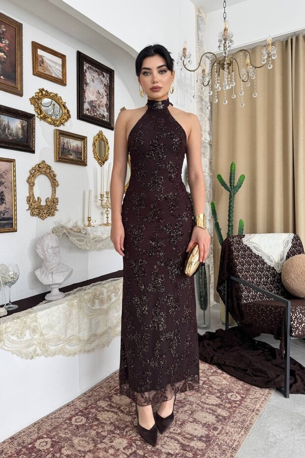 Boyun Bağlamalı Desenli Elbise - 6